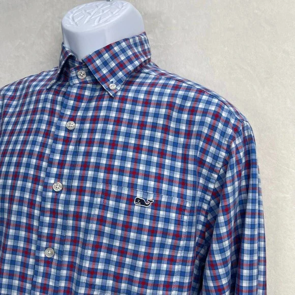 Vineyard Vines Slim Fit Tucker Button Up Shirt Red, White, & Blue Plaid Small - Picture 2 of 14